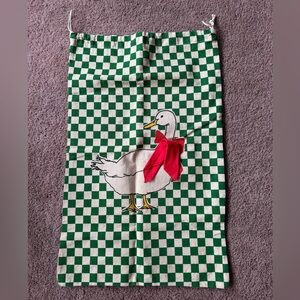 LARGE vintage christmas gift bag linen goose red green white checkered ribbon